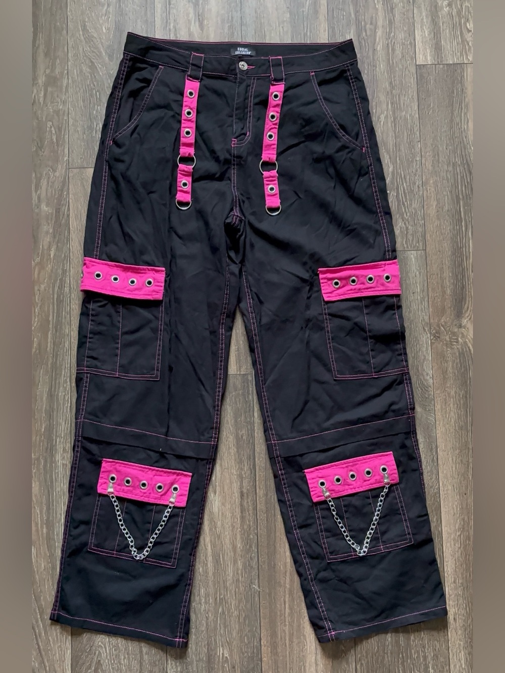 Hot Pink & Black Grommet Chain Carpenter Pants